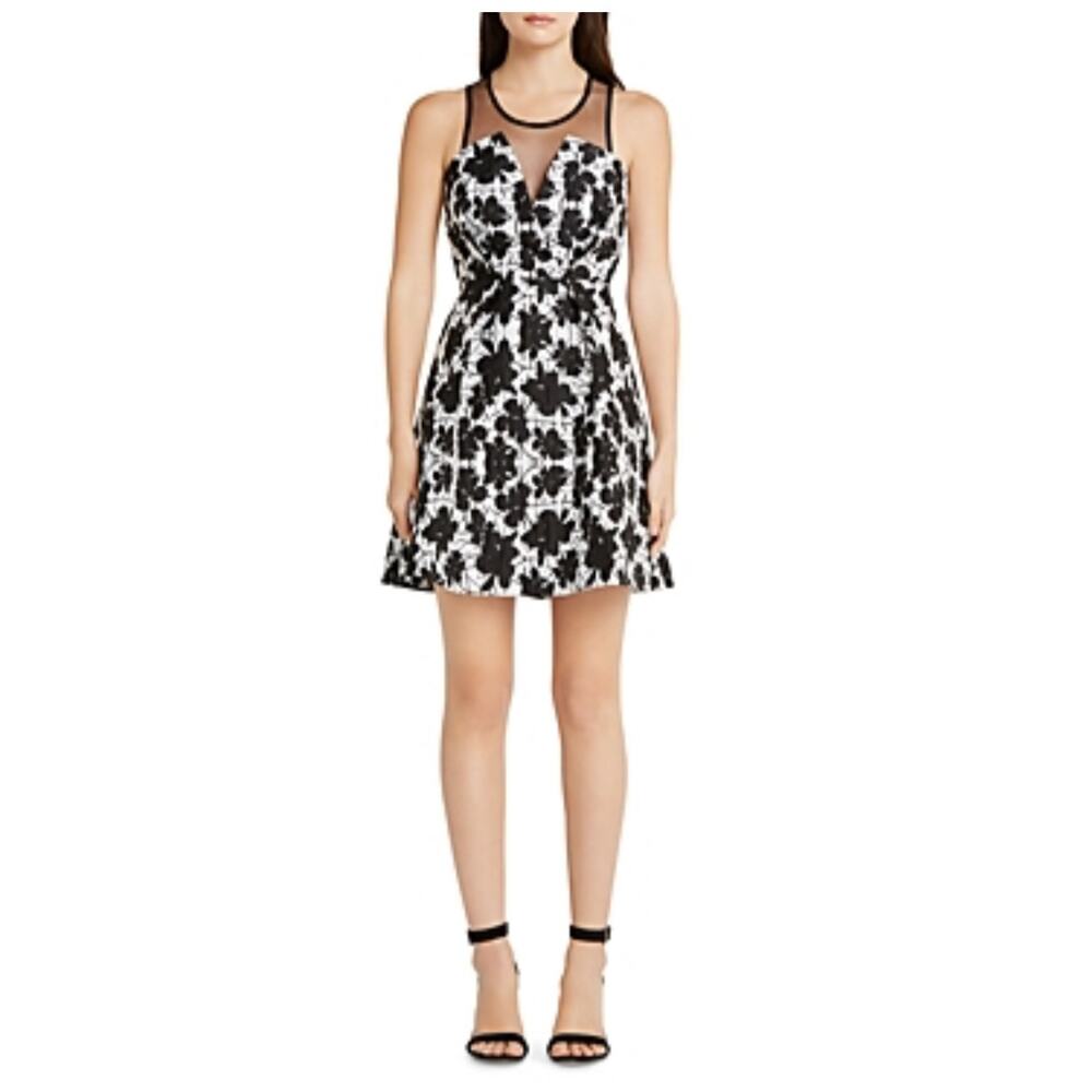 BCBGeneration Black and White Cocktail Dress Floral Print Fit and Flare Size 6